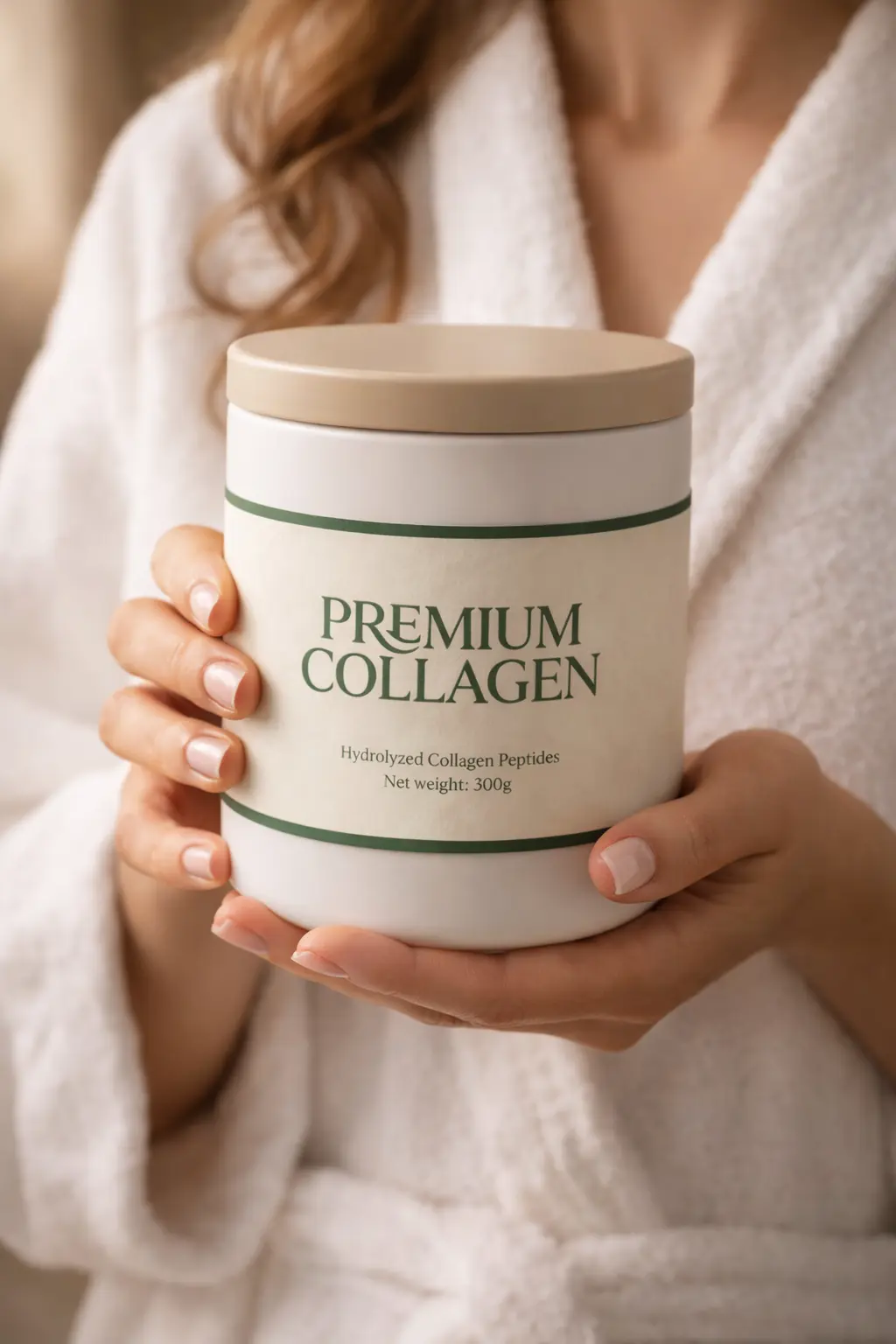 Ruce držící sklenici Premium Collagen v přírodě