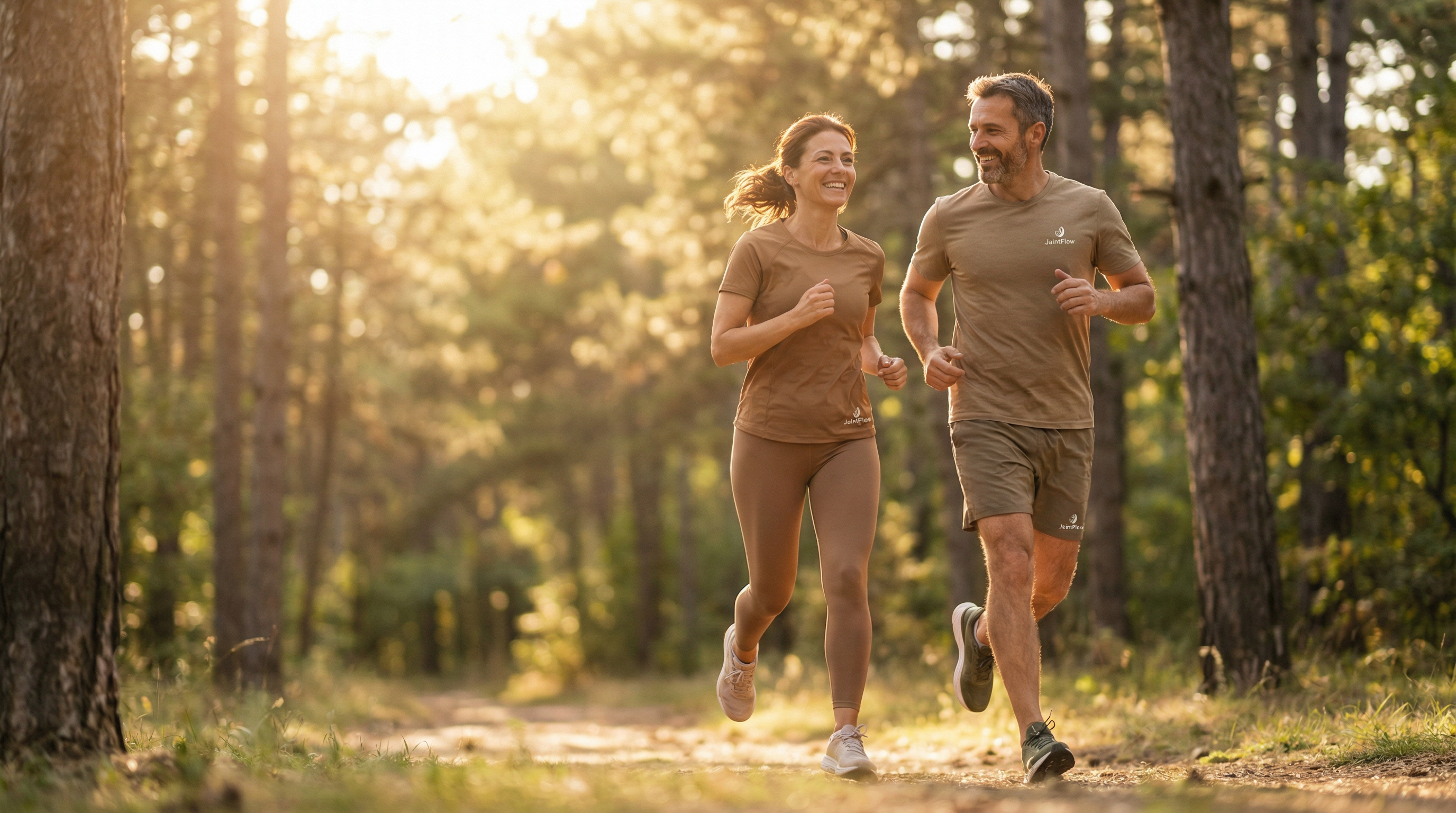 Aktivní dospělí běžící v přírodě, lehkost a síla v pohybu